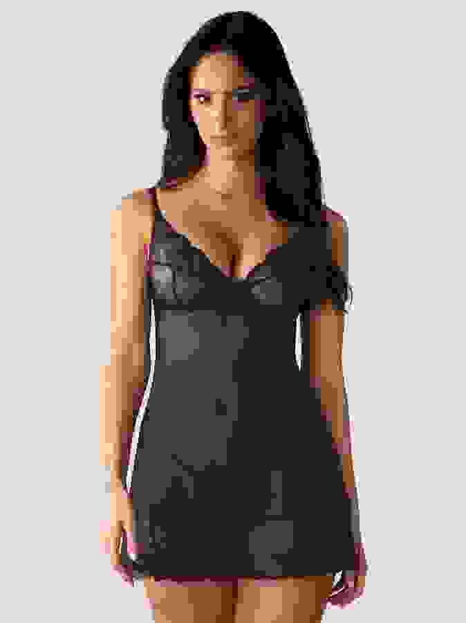 Obsessive Navy Sheer Lace Underwire Chemise Set, Navy, hi-res